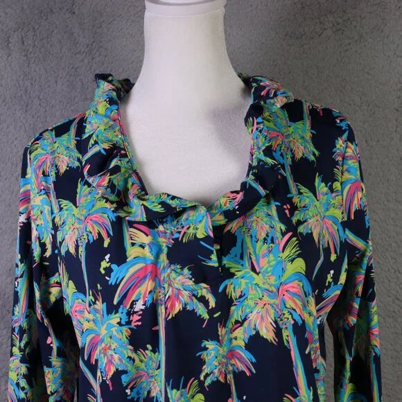 Anthony’s Resort Wear Top Womens M Blue Multicolor Palm Tree Ruffle V Neck - Picture 3 of 9